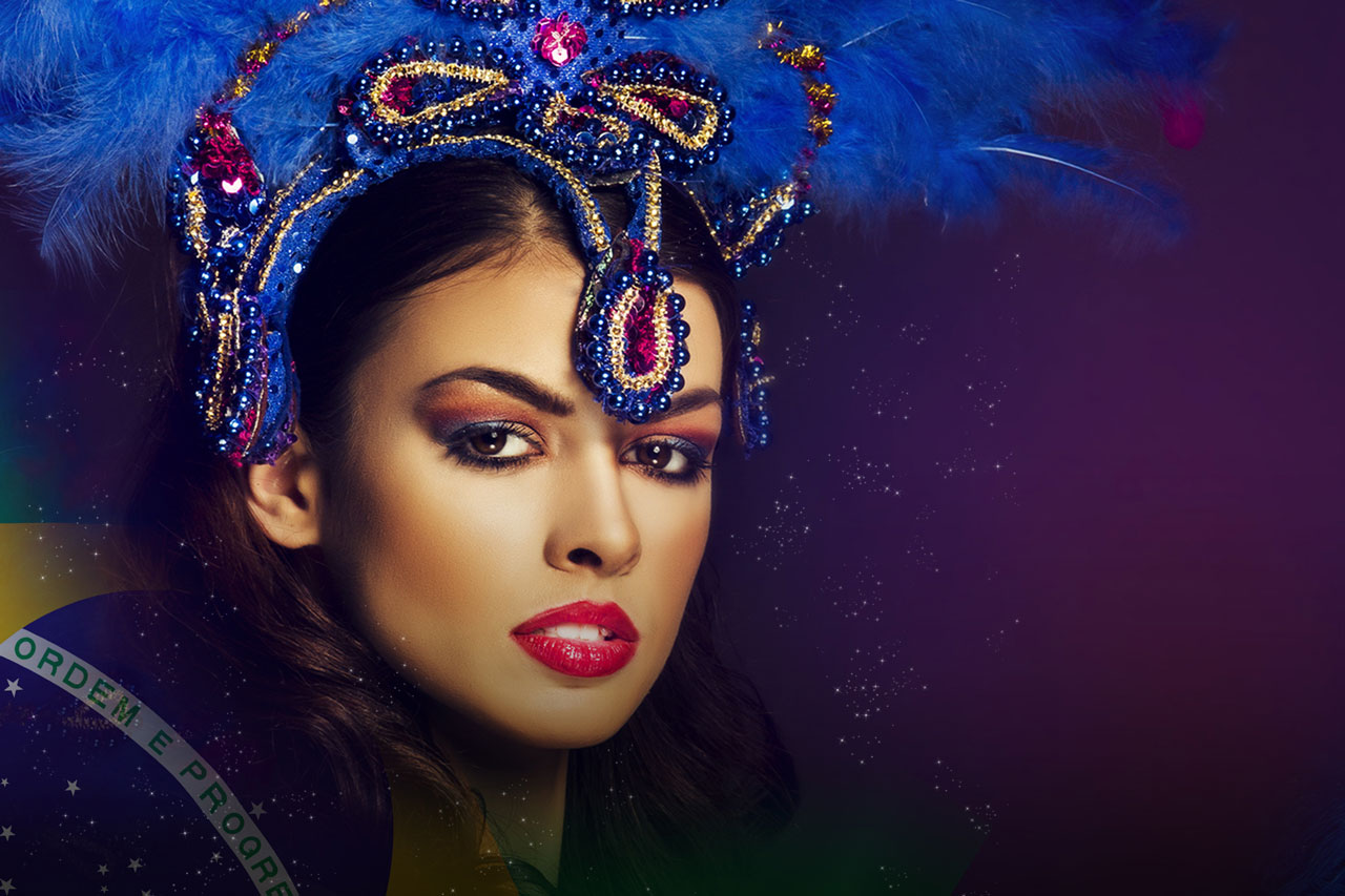 We Love Brasil — Braziliaanse danseres met blauwe veren hoofdtooi
